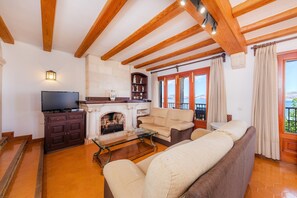 Televisio, takka, DVD-soitin, pöytätennispöytä