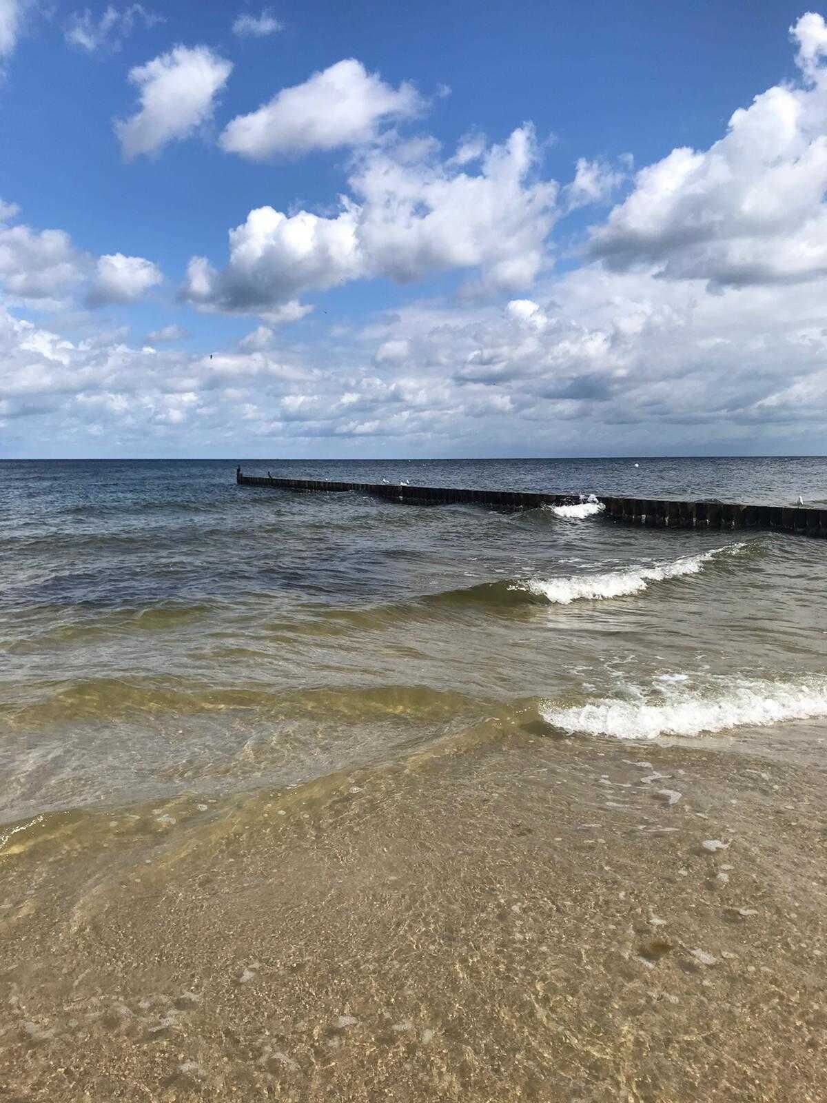 A beach with clear water, a wooden pier, and a cloudy sky.