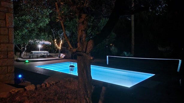 Una piscina con bordo illuminato di blu, circondata da alberi e un muro in mattoni.