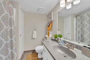 Combined shower/bathtub, hair dryer, towels