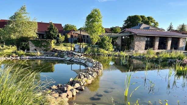 A pond with a stone edge, surrounded by greenery and houses with red roofs. - Vacation apartment Beelitz - Barn Zauchwitz (Beelitz)