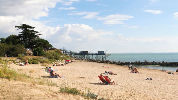A beach with people sunbathing, a pier, and a forested hill.