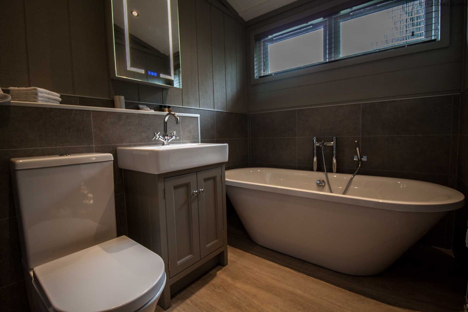 A modern bathroom with a freestanding bathtub, a toilet, and a vanity with a mirror.