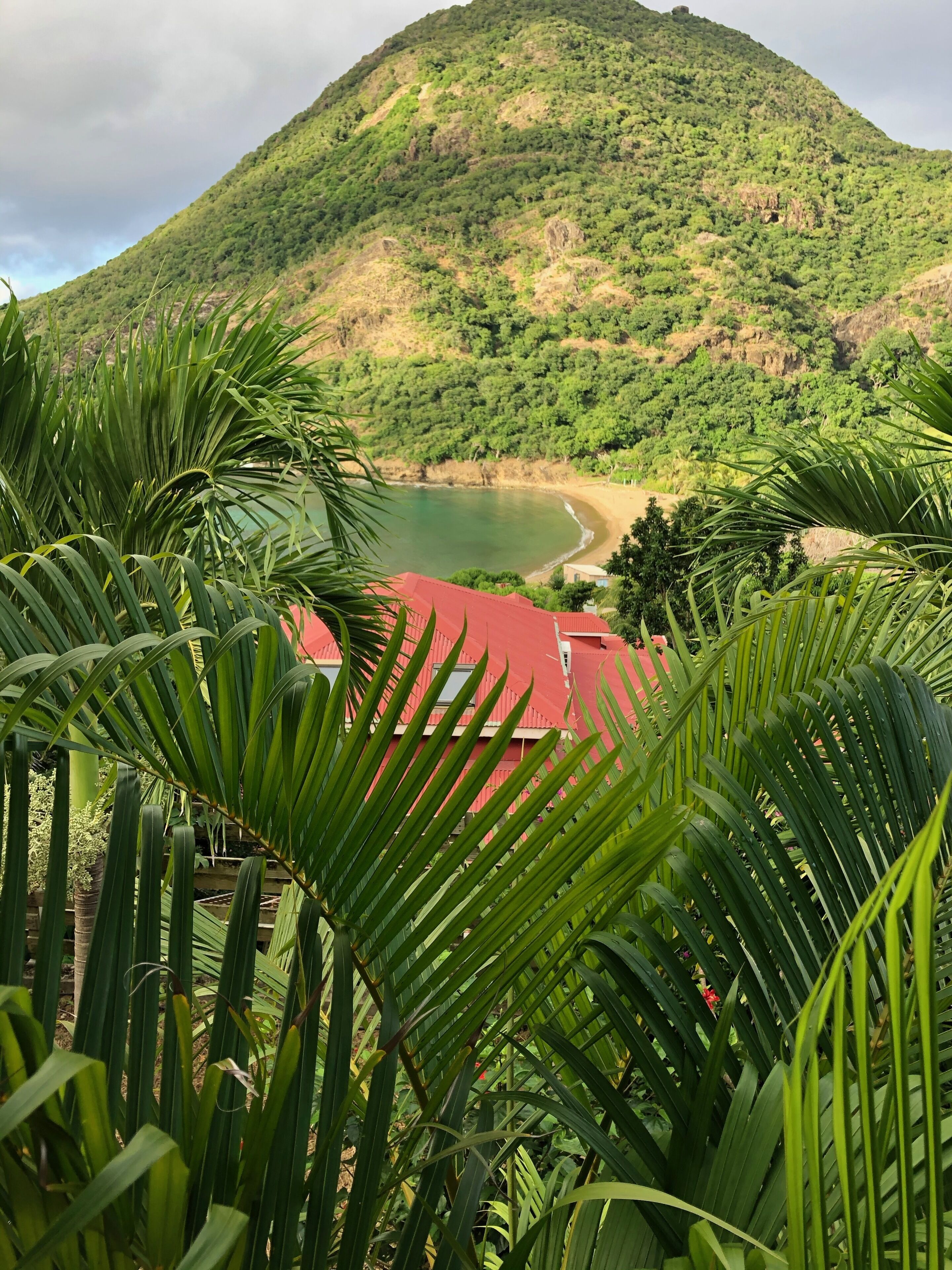 Vista de una colina verde exuberante, una playa y un edificio de techo rojo al frente.