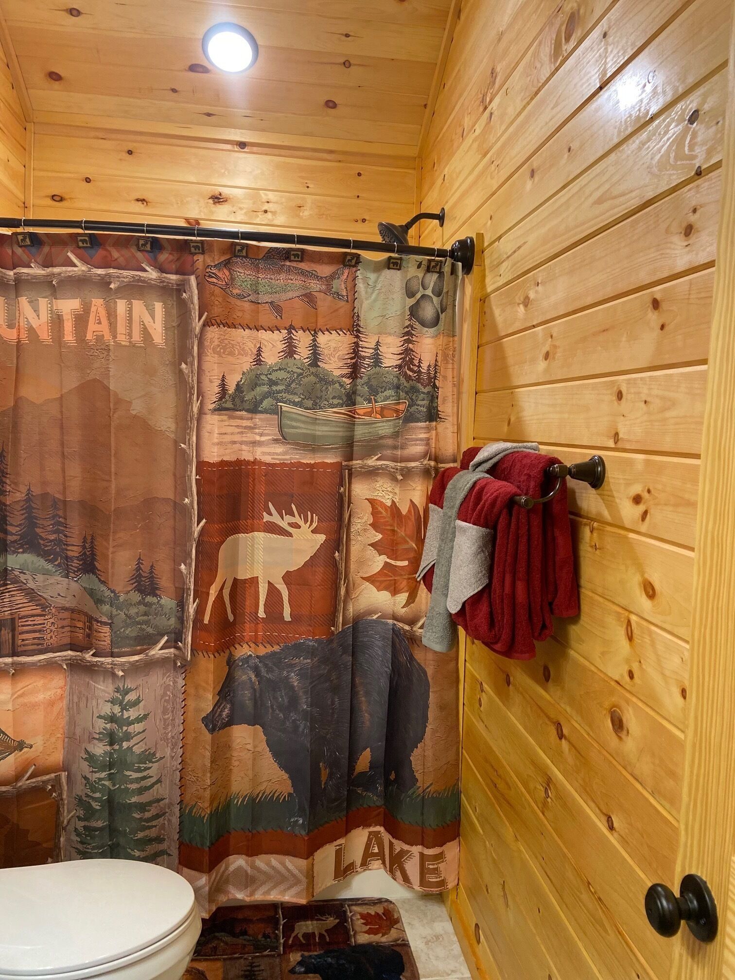 Un baño de cabaña de madera con una cortina de ducha que muestra un paisaje de montaña y lago, un inodoro y un perchero con una toalla roja.