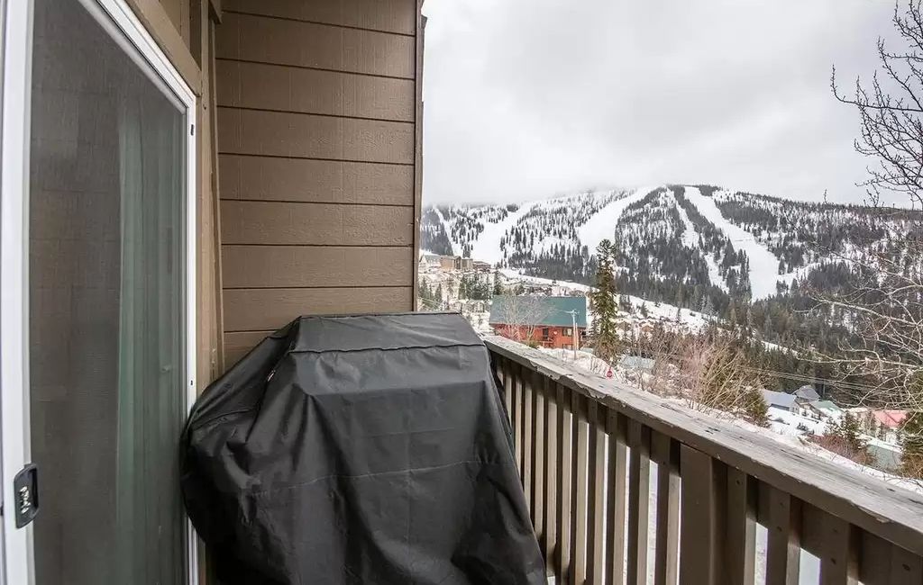 Un balcon avec vue sur une montagne enneigée.