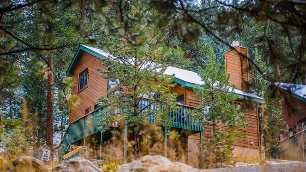 A cabin with a green staircase and a chimney, surrounded by trees and rocks.