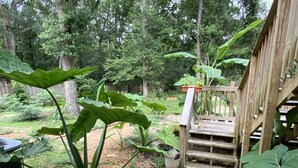 Una terraza de madera con una escalera que lleva a una plataforma elevada, rodeada de exuberante vegetación y árboles.