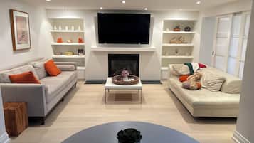 Smart TV, fireplace, stereo, computer monitors