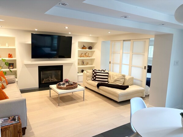 Smart TV, fireplace, stereo, computer monitors