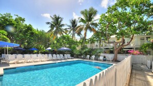 A swimming pool with lounge chairs and umbrellas, surrounded by palm trees and a white picket fence.