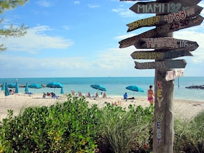 A beach with a wooden signpost listing distances to various cities.