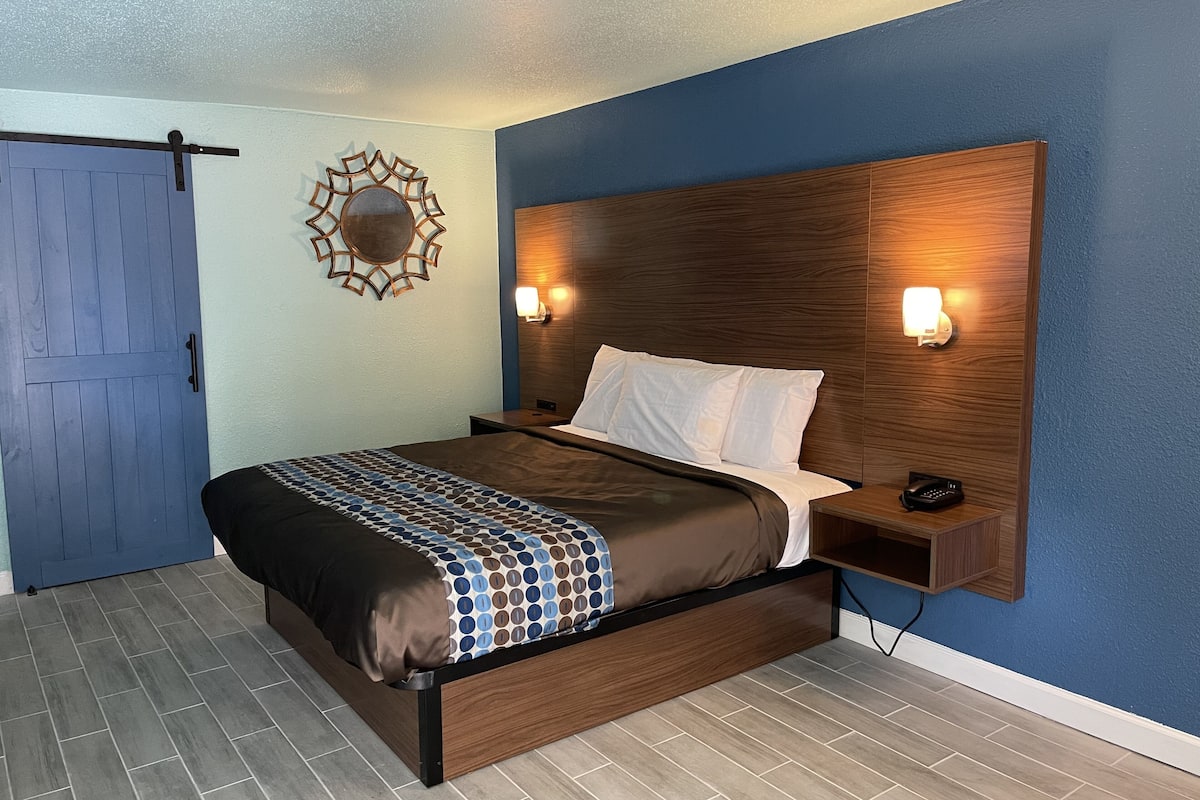 A modern bedroom with a wooden headboard, two bedside lamps, a patterned bedspread, and a blue door.