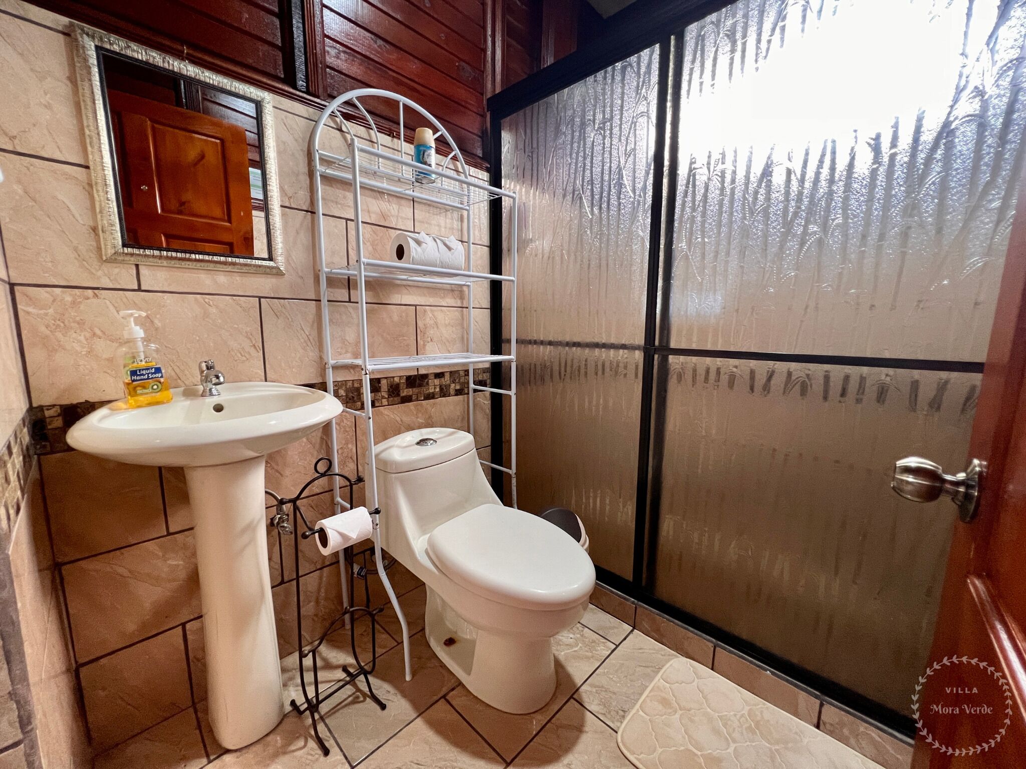 Shower, towels, soap, toilet paper