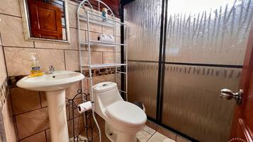 Shower, towels, soap, toilet paper