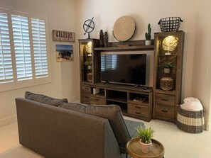 Smart TV, fireplace, video games, books