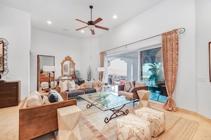 Smart TV, fireplace, books