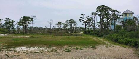 A coastal property with a large open field, a pond, and a building with a distinctive tower.