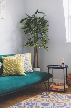 Un salon avec un canapé de couleur turquoise, des coussins à motifs, une grande plante verte, une petite table d’appoint noire sur laquelle se trouve un jeu de Monopoly, et un tapis à motifs.