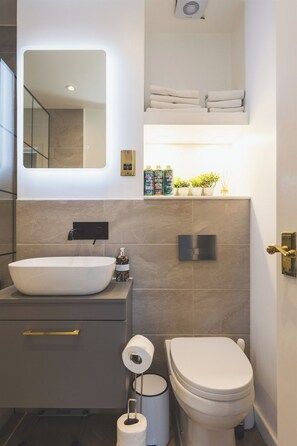 Un baño moderno con un lavamanos tipo recipiente, un inodoro y un espejo sobre el lavamanos.