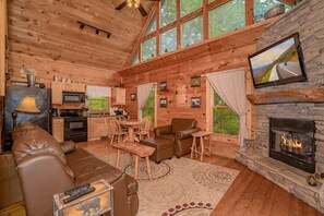 Een gezellig blokhutinterieur met een open haard, houten meubels, een televisie en een keukenhoek.