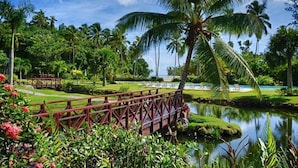 Una località turistica tropicale con un ponte di legno su uno stagno, circondata da vegetazione lussureggiante e palme.