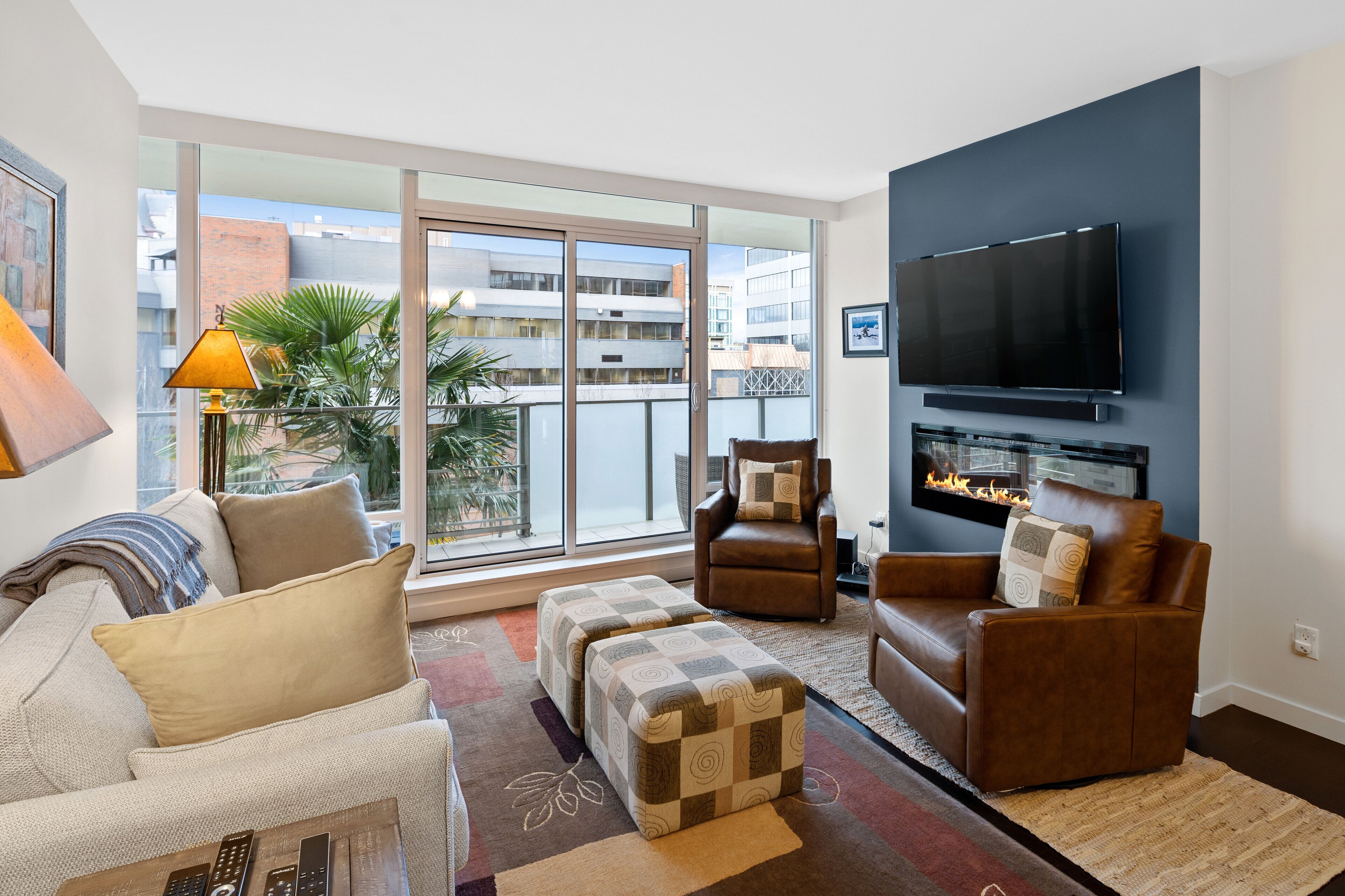 Smart TV, fireplace, books, music library