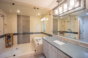 Combined shower/tub, hair dryer, bidet, towels