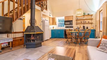 Smart TV, fireplace, books