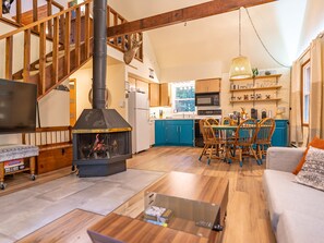 Smart TV, fireplace, books