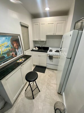 Fridge, microwave, oven, cookware/dishes/utensils