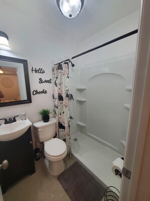 Douche, sèche-cheveux, serviettes fournies, savon