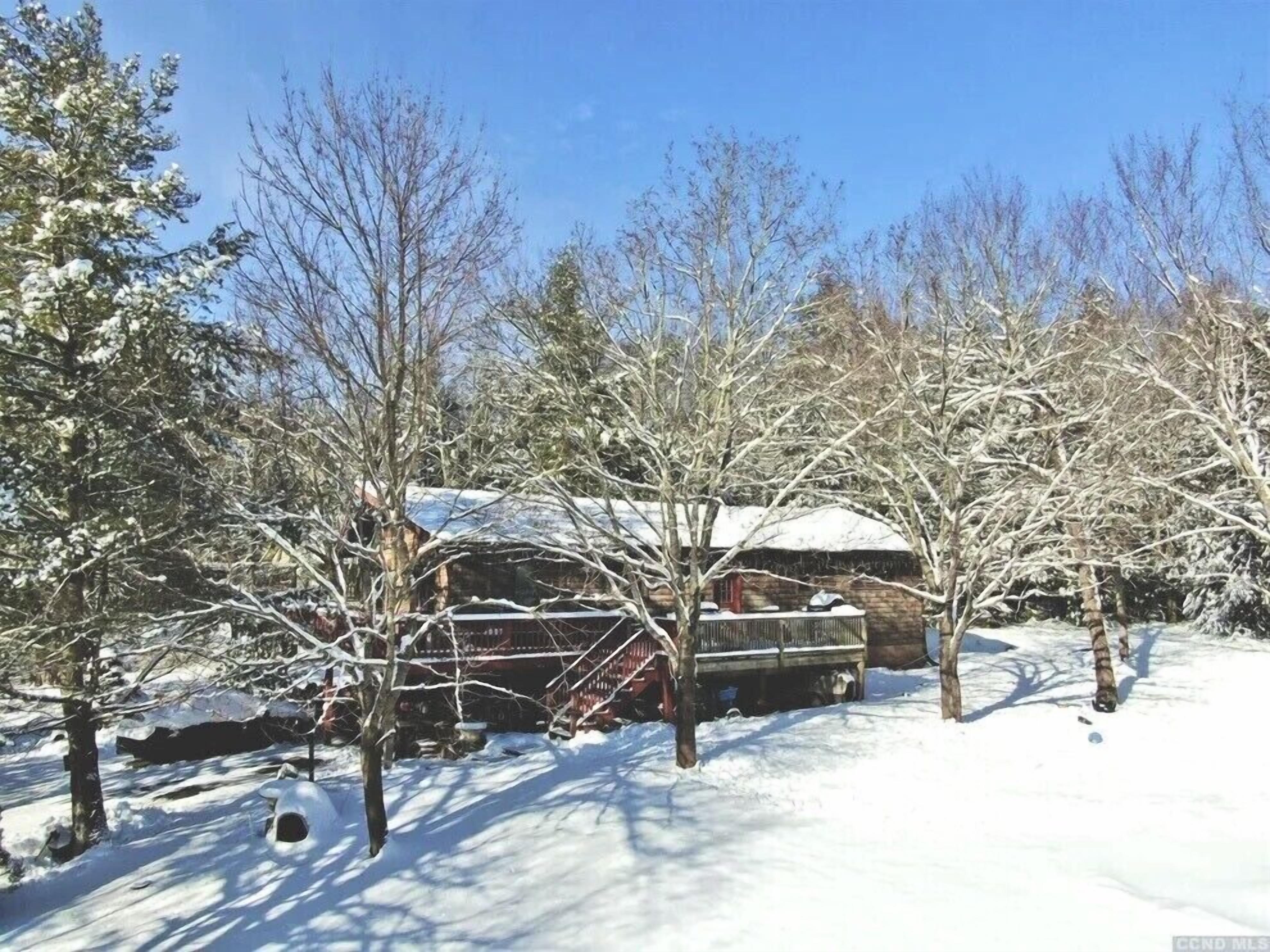 Une cabane entourée d’arbres couverts de neige.