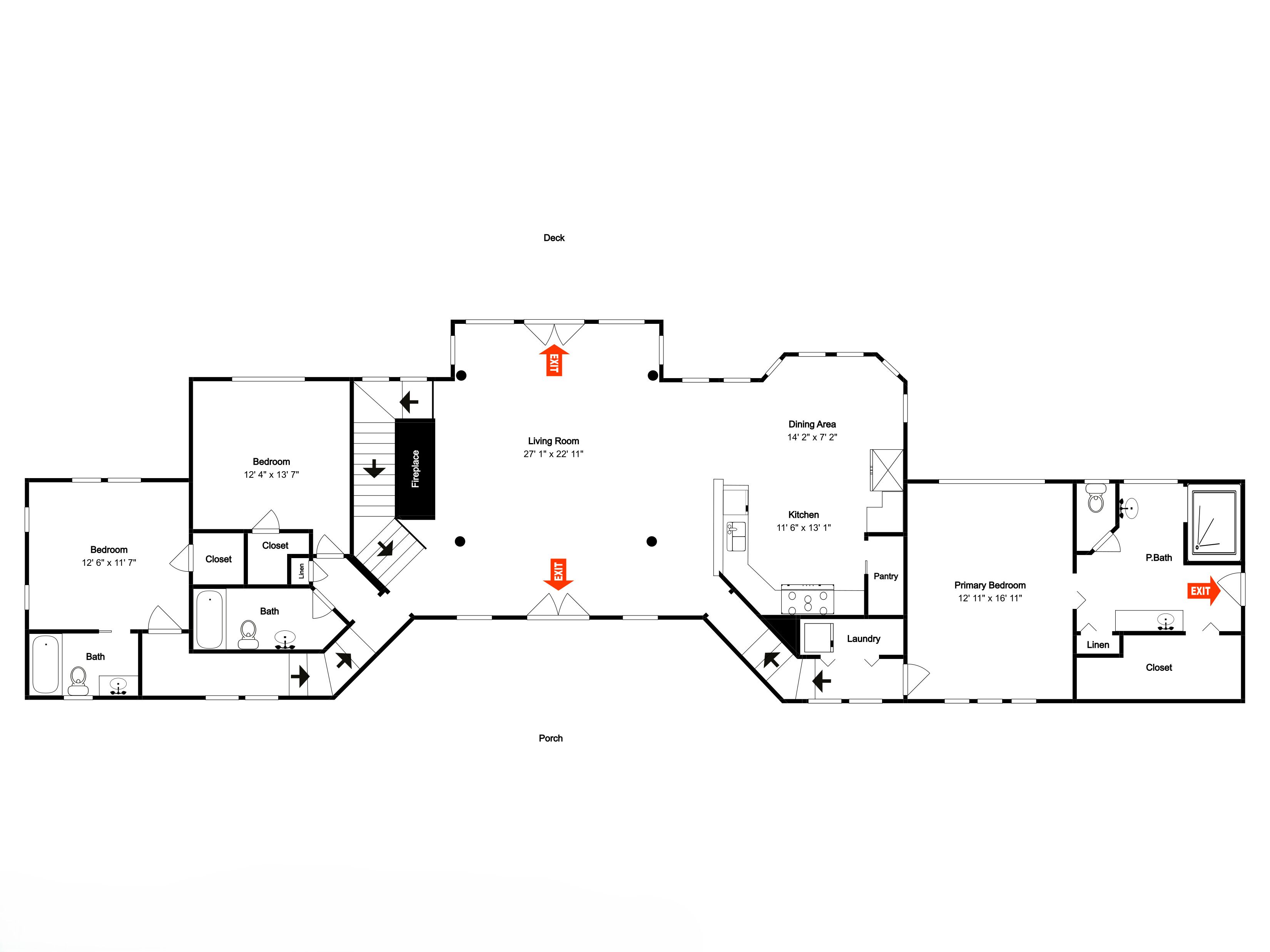Un plan d’étage d’un hôtel comprenant une salle à manger, une cuisine, une buanderie et plusieurs chambres.