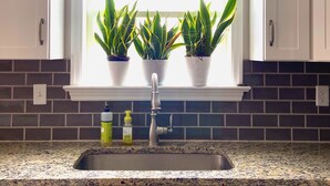 A kitchen with white cabinets, a granite countertop, a window with three potted plants, and a stainless steel sink. - Newly Built Zen Space 2Bd-3Bth - Pets OK (Lititz)