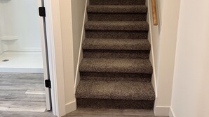 A carpeted staircase with a wooden handrail, leading to a room with a white door and a light-colored wall. - 3 Bed, 2 Bath Cozy Home Across from Zoo in the heart of Baraboo. (Baraboo)