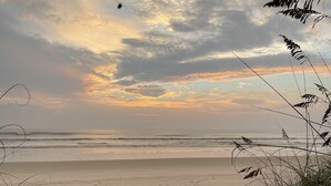 Una playa con arena y vegetación escasa.