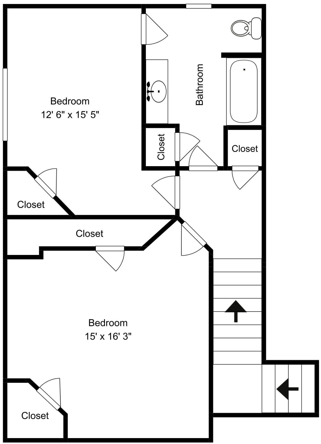 Un plan d’étage comprenant deux chambres, deux placards et une salle de bain.