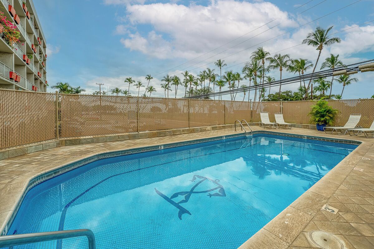A swimming pool with a clear blue water surface, surrounded by a bamboo fence, and palm trees in the background.