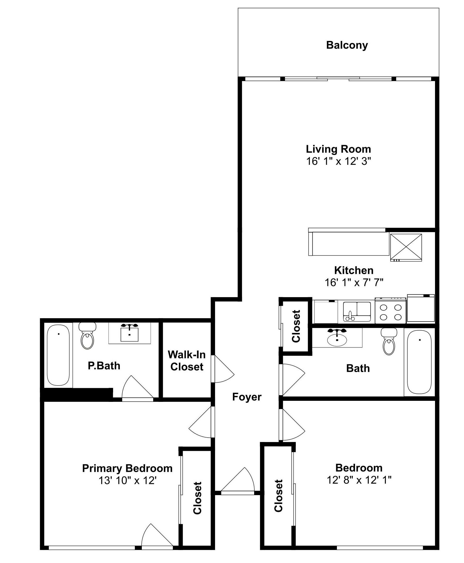 Un plan d’étage d’une maison comprenant un salon, une cuisine, deux chambres, une salle de bain, un hall d’entrée et un dressing.