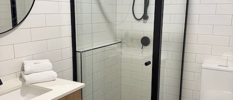 A modern bathroom with a glass-enclosed shower, a wooden vanity, a white sink, and a toilet.