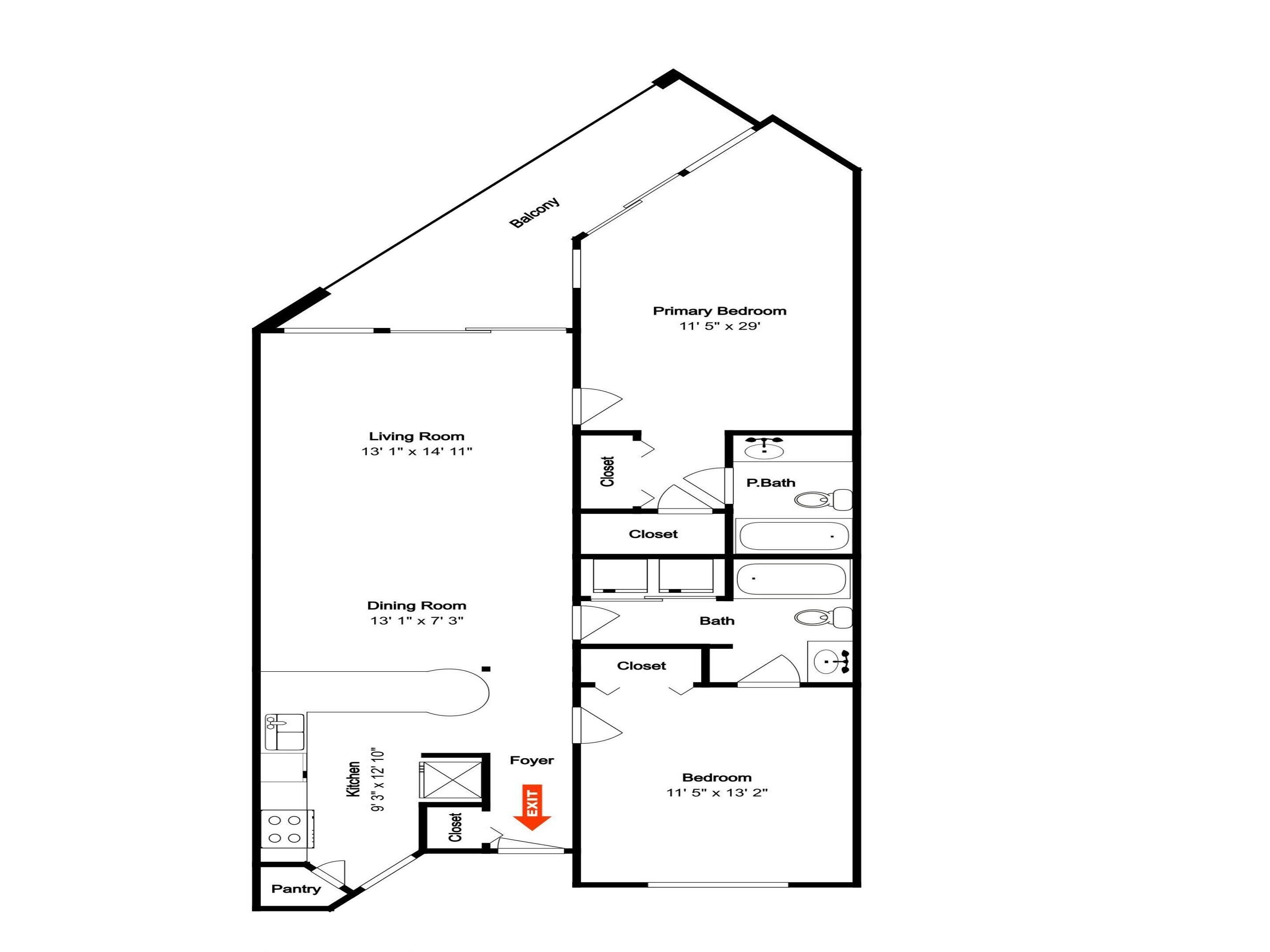 Plano de planta que muestra una sala de estar, comedor, cocina, despensa, dormitorio principal, dormitorio secundario, baño, armario y vestíbulo.
