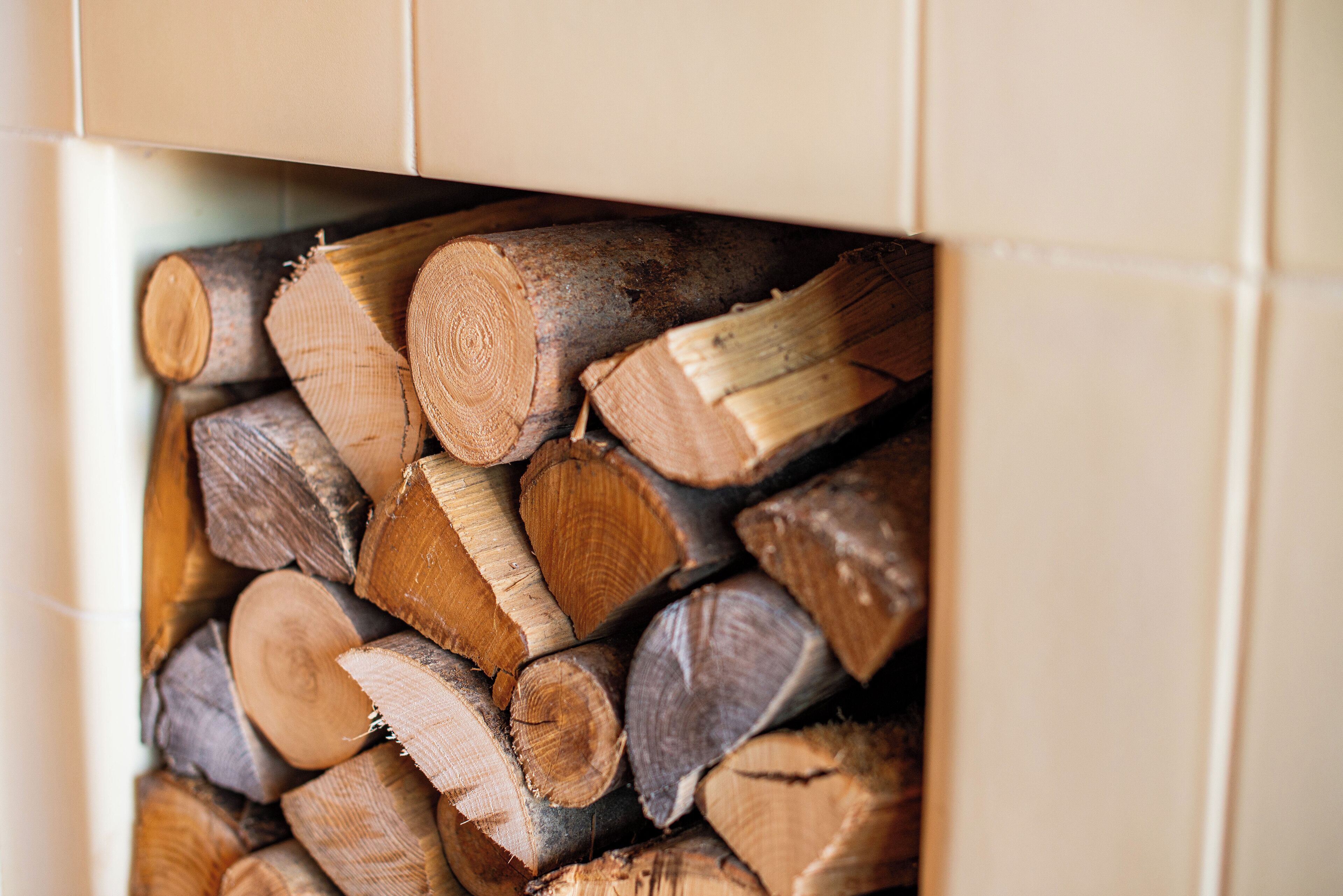 A stack of firewood in a storage area.
