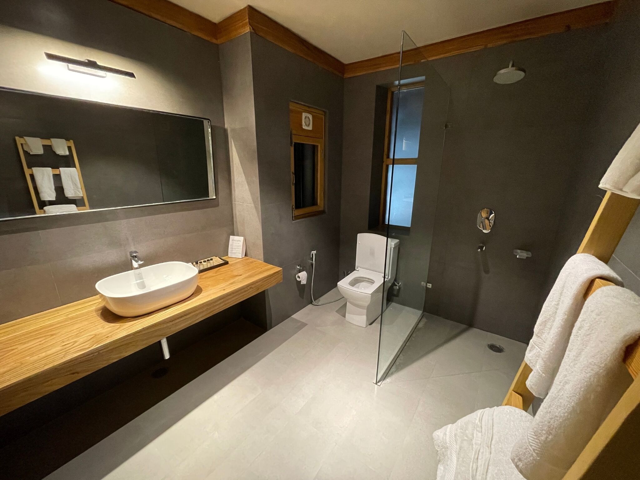 A modern bathroom with a wooden vanity, a large mirror, a glass shower enclosure, and a toilet.