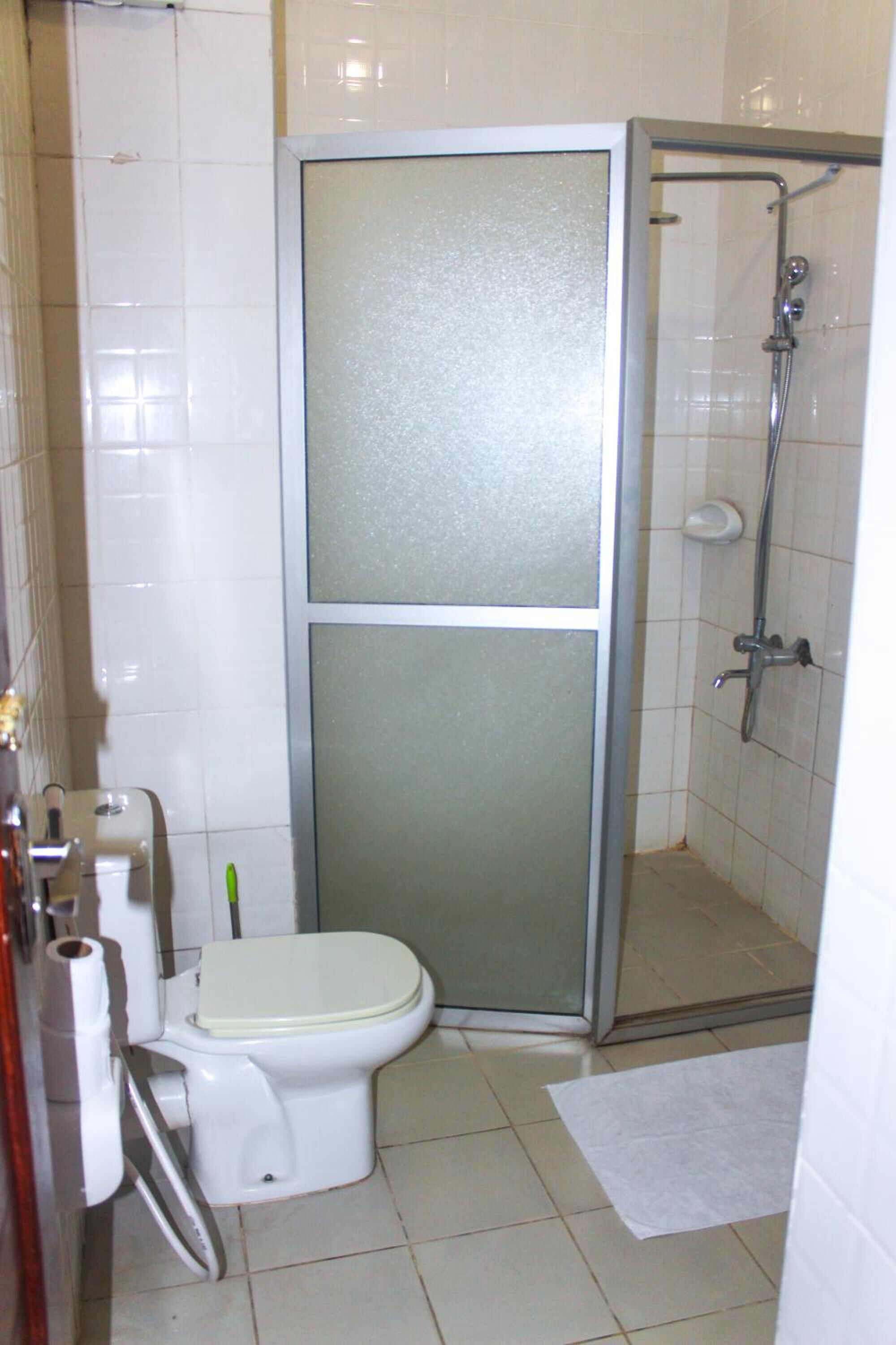 combined shower/bathtub, towels, soap, toilet paper