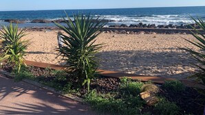 A beach with a rocky shoreline, a paved path, and green plants.