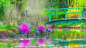 Un ponte verde sopra uno stagno, con fiori colorati e alberi.