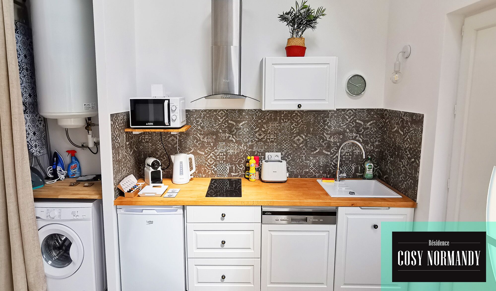 Une cuisine compacte équipée d’un four à micro-ondes, d’un grille-pain, d’une bouilloire et d’un évier. On y trouve également une machine à laver, un petit réfrigérateur et une plante en pot sur le plan de travail.