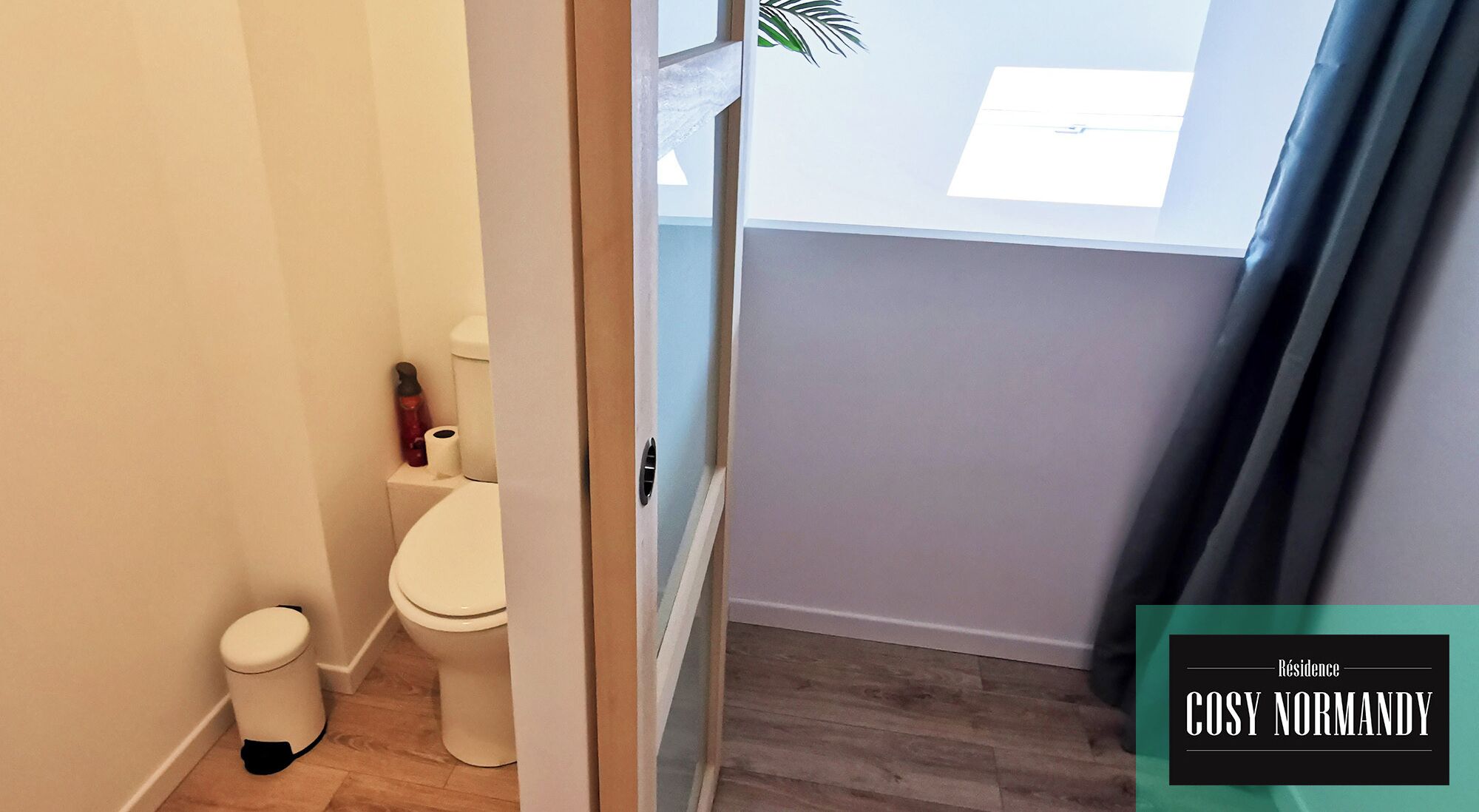 A small, clean bathroom with a toilet, bidet, and a small trash bin. There is a window with a view of the sky and a plant on the windowsill.
