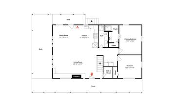 Un plan d’étage comprenant une salle à manger, une cuisine, une salle de bain, une chambre principale, un salon et une cheminée.